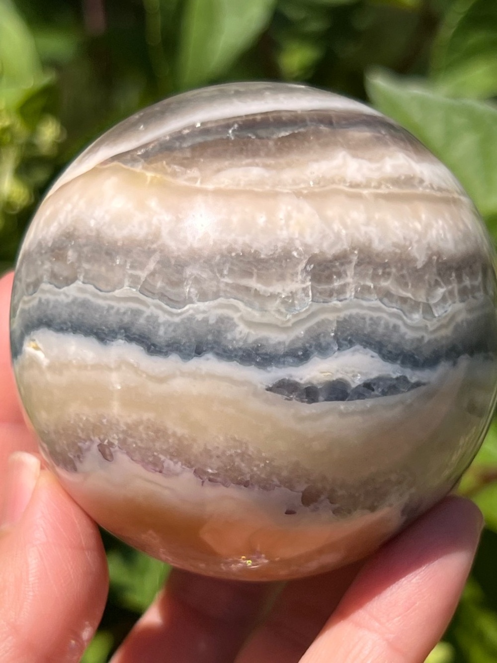 Blue (2) fluorite in opalized agate sphere |  crystal